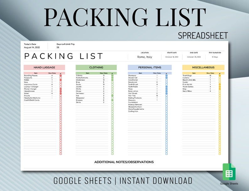 Packing List Editable Template Google Sheets Packing List Etsy Packing List Editable Template Google Sheets Packing List Etsy