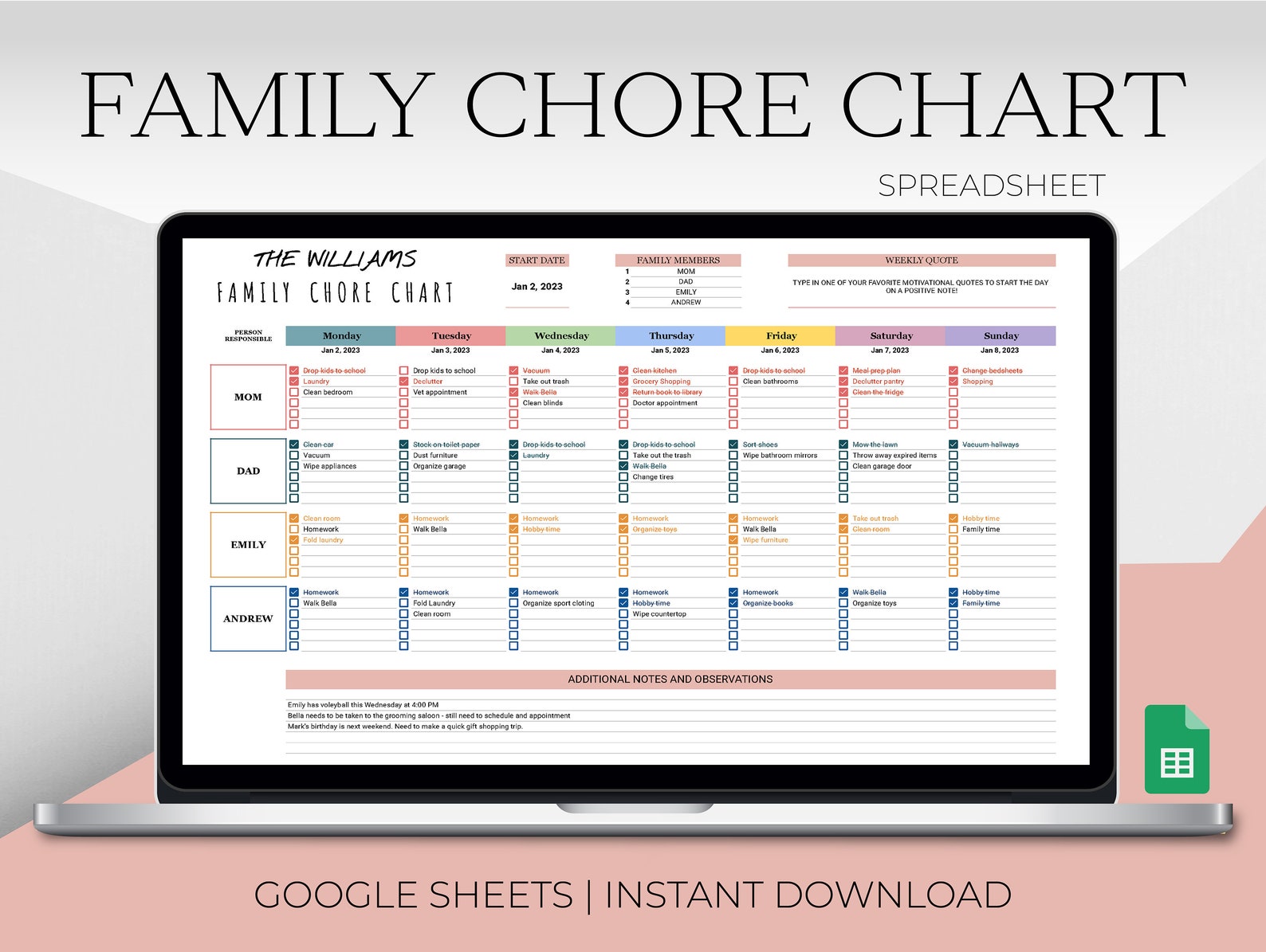 Family Chore Chart Google Sheets Template Weekly Family Chore