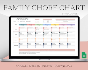 Family Chore Chart Google Sheets Template | Weekly Family Chore Spreadsheet | Printable Family Chore Chart | Editable Chore Chart for Family