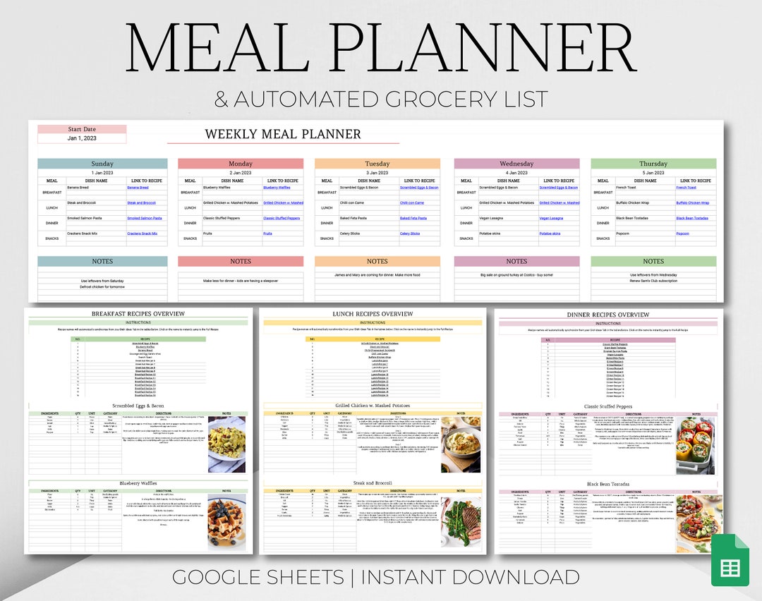 Weekly Meal Planner Template Meal Planner Google Sheets Etsy