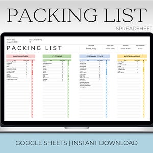 Packing List Editable Template | Google Sheets Packing List Spreadsheet | Packing Tracker for Holiday, Vacation Trip | Instant Download