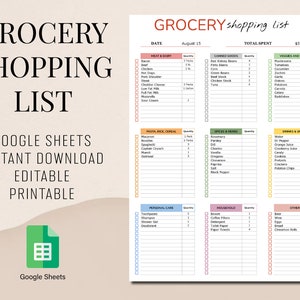 Grocery List Editable Google Sheets Template | Printable Shopping List Spreadsheet | Grocery Checklist Instant Download