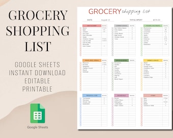 Grocery List Editable Google Sheets Template | Printable Shopping List Spreadsheet | Grocery Checklist Instant Download