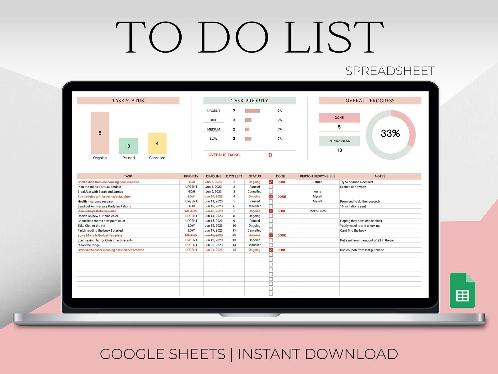 To Do List Template to Do List Google Sheets Spreadsheet Etsy