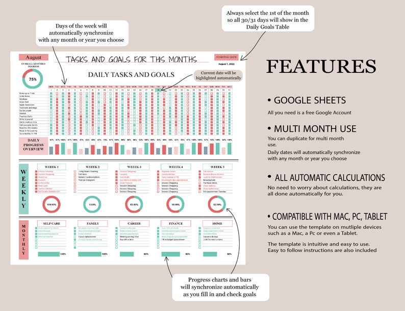 Habit tracker google sheets template productivity planer etsy