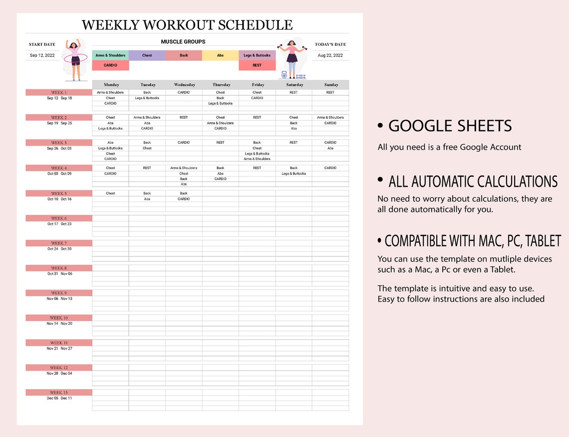Workout Planner Google Sheets Template Weekly Planner Etsy