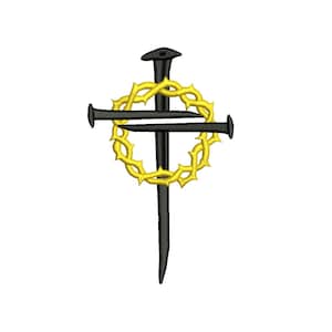 Op de afbeelding: Een zwart kruis met drie spijkers en een gouden doornenkroon.