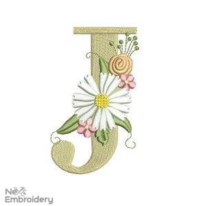 Diseño de bordado de fuentes florales, diseños de bordado de letras del alfabeto J, descarga instantánea
