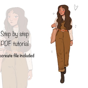 Könnte beinhalten: Illustration einer Person in braunen Overalls und einem weißen Pullover, die eine Tragetasche trägt. Das Bild enthält den Text "Step by step PDF tutorial" und "Procreate file included". Über der Person ist ein Herz gezeichnet.