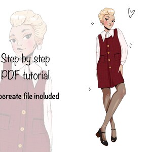 Puede incluir: Ilustración de una mujer con un vestido rojo con una camisa blanca con cuello debajo. El vestido tiene botones dorados grandes y bolsillos. Incluye el texto "Step by step PDF tutorial" y "Procreate file included".