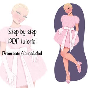 Puede incluir: Ilustración digital de una mujer con un vestido de piel rosa, guantes blancos y zapatos rosas. La imagen incluye el texto "Step by step PDF tutorial" y "Procreate file included". La mujer tiene el pelo rubio y está maquillada.