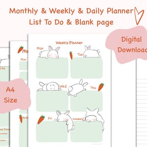 Daily Planner Weekly Planner Monthly Planner Printable planner Planner set Planner Inserts Instant Download Cute Bunny planner A4 size