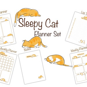 Op de afbeelding: Printbare plannerset met een schattig ontwerp van een oranje kat. Bevat pagina's voor dagelijkse, wekelijkse, maandelijkse planning, notities en een to-dolijst.