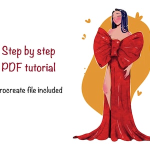 Puede incluir: Ilustración digital de una mujer con un vestido rojo con un gran lazo. El vestido tiene una abertura alta. También está presente el texto "Step by step PDF tutorial" y "Procreate file included".