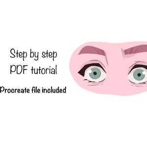 Puede incluir: Tutorial de arte digital con el texto "Step by step PDF tutorial" y "Procreate file included". La imagen presenta una ilustración estilizada de ojos con iris turquesas, sobre una forma de cara rosa y cejas oscuras.
