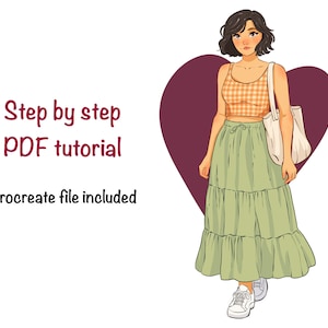 Puede incluir: Ilustración de una mujer con un top corto y una falda escalonada, llevando un bolso de mano. El top es de cuadros naranja y blanco, y la falda es verde claro. La imagen incluye el texto "Step by step PDF tutorial" y "Procreate file included."