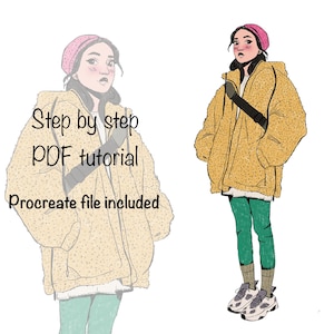 May include: Illustration of a person wearing a yellow jacket, pink beanie, green trousers, and trainers. The image includes the text "Step by step PDF tutorial" and "Procreate file included". The person has a black bag over their shoulder.