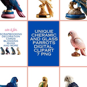 Parrot clipart digital download bundle, 7 Unique, beautiful pictures of cheramic parrots  with transparent background