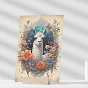 Impression numérique de lama avec fleurs, vintage, alpaga, Pérou, art, affiche de lama avec fleurs, art mural animal, affiche de lama imprimable
