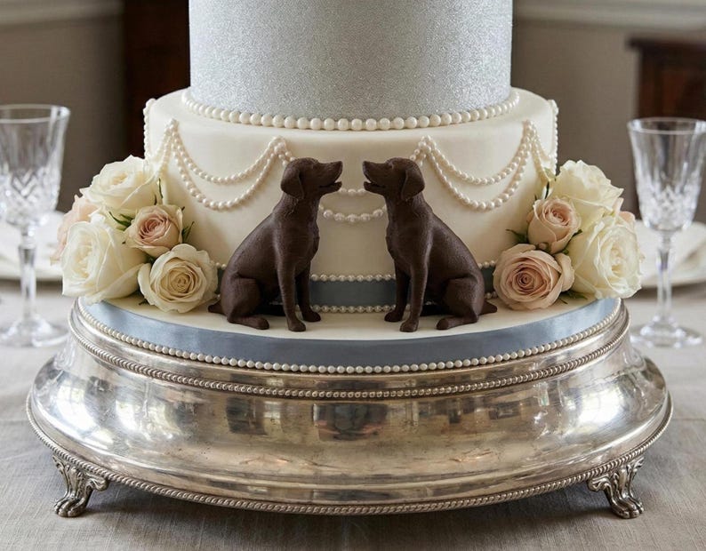 Two black 3D printed labrador retriever cake topper facing each other on a beautiful cake, that is placed on a silver base. Also two glasses are visible on the table.