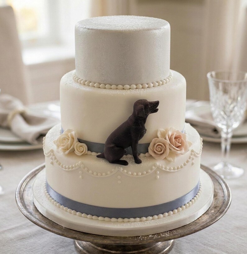 Black Labrador dog statue on a 3 layered wedding cake's first layer