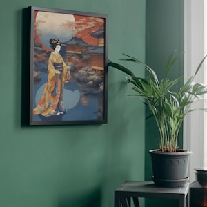 8 Vintage printable geisha poster bundle, Japanese Geisha  at night printable painting,  Asian Art, Japanese Culture, wall art