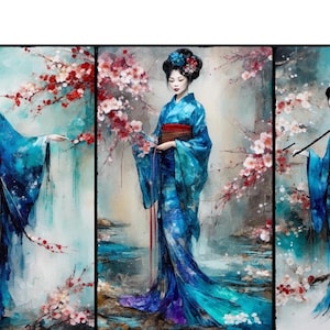 Geisha with flowers painting portrait  3 pictures bundle, 300 dpi, high resolution, Japanese geisha, wall art, Geisha png, Geisha clipart,