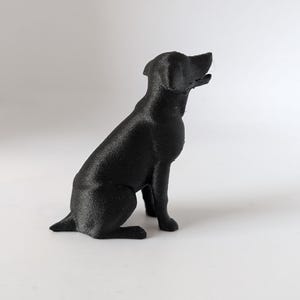 May include: A small, solid black figurine of a dog in a seated position. The sculpture features a textured surface with visible horizontal lines, a pointed snout, and ears that are folded down. The dog is facing toward the right side of the frame.