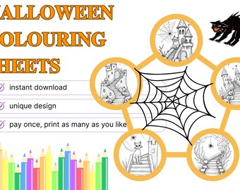 Halloween Activity sheets, colouring pages, Halloween printables, 5 printable unique Halloween colouring  pages