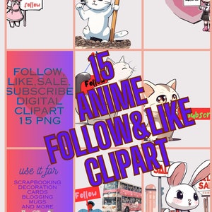 Einzigartige, niedliche Anime-Cliparts, die Ihre Besucher auffordern, zu folgen, zu mögen, zu teilen und mehr, hohe Auflösung, sofortiger Download