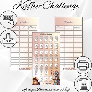 Peut inclure: Un tracker imprimable au format PDF pour un défi café. Le tracker a un fond dégradé rose et orange avec un motif de tasse à café. Le tracker comprend une colonne de date, une colonne plus/moins et une colonne de somme. Le tracker comprend également un motif de tasse à café avec le texte "155 Euro".