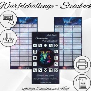 May include: Digital printable featuring a dice challenge with a Capricorn theme. The design includes a tracker, dice illustrations, and text in German. The background has a galaxy theme with a colorful goat illustration. Includes a buy button and a download icon.