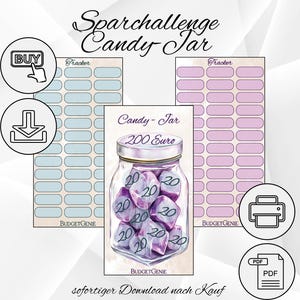 Könnte beinhalten: Digitaler Download-Grafik mit dem Text "Sparchallenge Candy Jar". Das Bild zeigt eine Süßglaskarikatur mit "200 Euro" und "20" auf den Süßigkeiten. Enthält Tracker-Blätter und Download-Symbole.