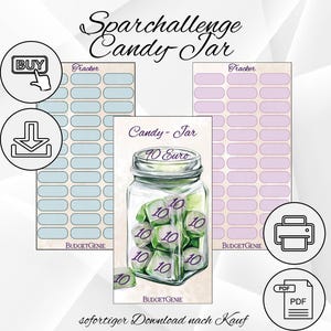 Pode incluir: Desafio de poupança digital imprimível de frasco de doces com um gráfico de frasco cheio de notas de "10". Inclui folhas de rastreamento em azul e roxo e o texto "Candy Jar 90 Euro". O texto "sofortiger Download nach Kauf" também está presente.