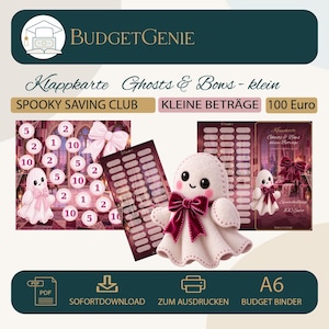 May include: A digital savings challenge set titled BudgetGenie Klappkarte Ghosts & Bows - klein Spooky Saving Club 100 Euro. Includes a printable A6 budget binder insert with a ghost graphic, a pink bow, and numbered circles for tracking savings.