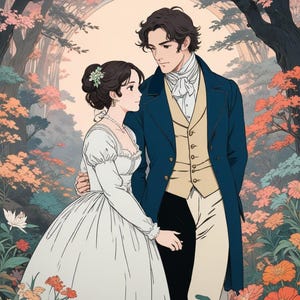 Puede incluir: Ilustración de una pareja con vestimenta de época, abrazándose en un bosque. La mujer lleva un vestido blanco, y el hombre un abrigo y chaleco azules. El fondo presenta árboles con follaje rosa y naranja.