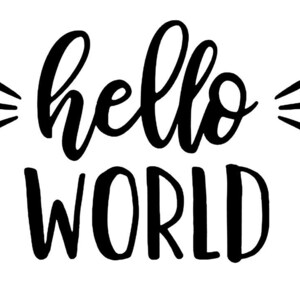 Op de afbeelding: Zwart-wit grafisch ontwerp met de woorden "hello WORLD" in een handgeschreven stijl. Het woord "hello" is cursief geschreven en "WORLD" is in blokletters. Het ontwerp bevat stralende lijnen aan weerszijden van het woord "hello".