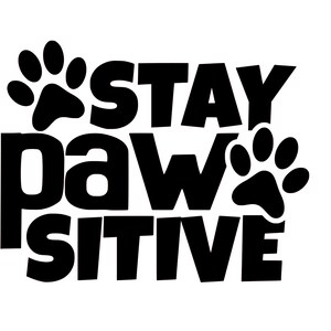 May include: Black and white graphic with the words "Stay Paw Sitive" in bold, stylized letters. The word "paw" replaces the letter "p" with a paw print. Two additional paw prints are on either side of the text.