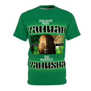 May include: Green t-shirt with a lion graphic and the text "THE MOST HIGH YAHUAH" and "THE MASHIACH YAHUSHA".