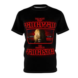 May include: Black t-shirt with a red graphic design featuring a lion with the text "The Most High Yahayah", "All Praises To Yah", "The Mashaiach Yahahska"