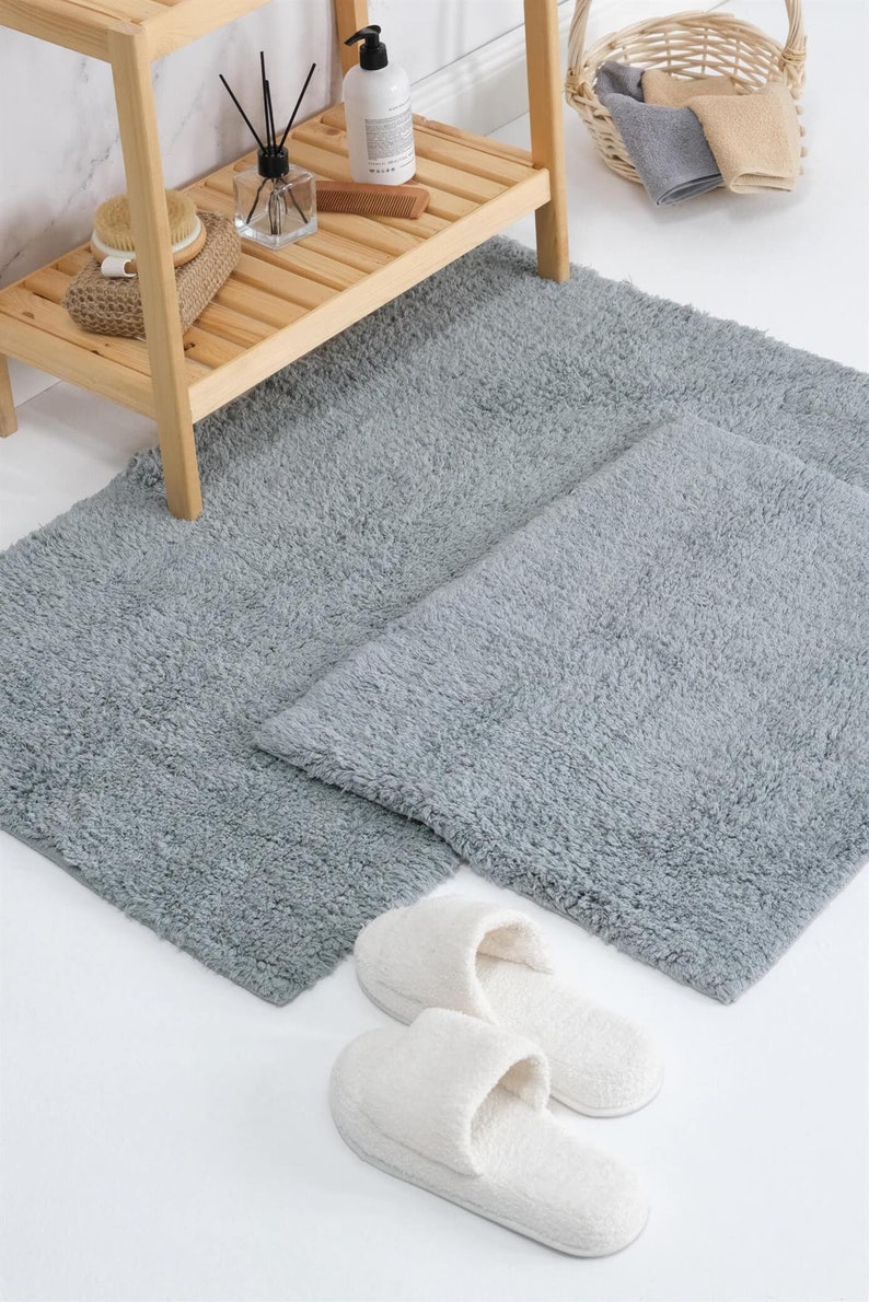 Cotton %100 Bath Mat Set of 2 50 x 60cm 60 x 100cm Cottage Style Decor Textured Bath Rug Modern Bathmat Washable Bath Mat Anthracite Color