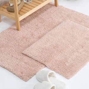 Cotton %100 Bath Mat Set of 2 50 x 60cm 60 x 100cm Cottage Style Decor Textured Bath Rug Modern Bathmat Washable Bath Mat Powder Color