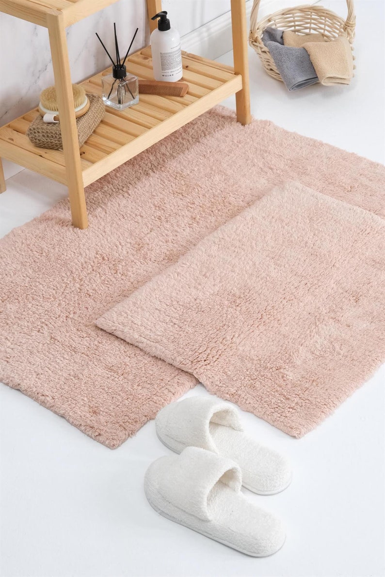 Cotton %100 Bath Mat Set of 2 50 x 60cm 60 x 100cm Cottage Style Decor Textured Bath Rug Modern Bathmat Washable Bath Mat Powder Color