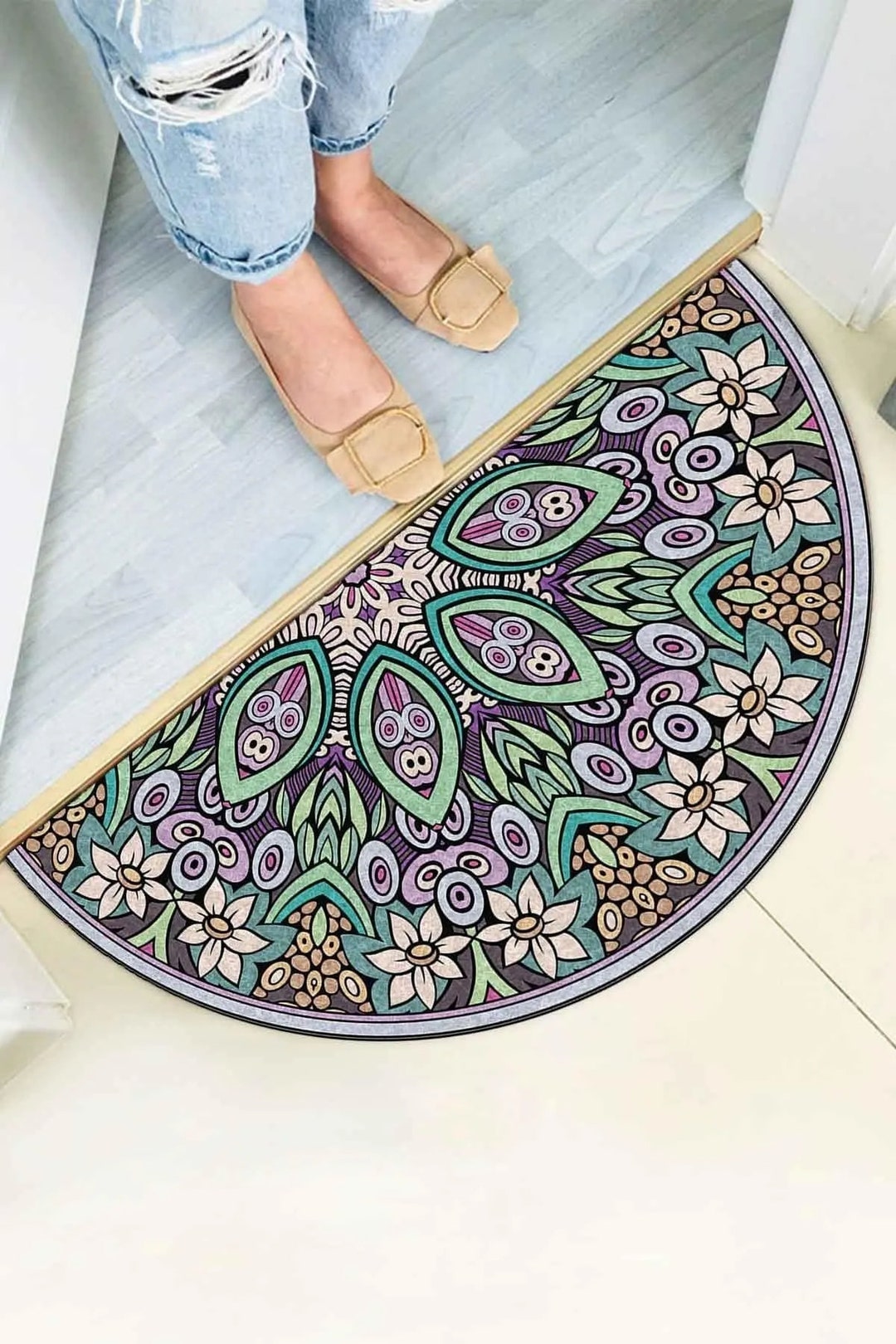 Mandala Doormat, Boho Semicircle Entrance Door Floor Mat, Household