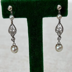Antique 9ct Gold Pearl & Rose Cut Diamond Drop Earrings