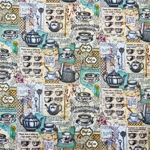 Tela vintage con diseño de tetera, tela de algodón estampada, tela de costura sencilla, 57 pulgadas x 1/2 yarda, 100 % algodón