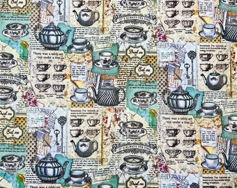 Vintage Stoff Teekannen-Stoff Baumwollstoff Bedruckt Schlichtes Nähtuch 145cm x 1/2 Yard 100% Baumwolle