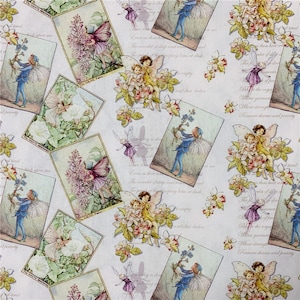May include: A white background with a repeating pattern of vintage illustrations of fairies and flowers. The illustrations are in a soft pastel colour palette and feature delicate details. The text "Whose garment e the rega Where strengt Remcee shame and poverty" is repeated throughout the pattern.