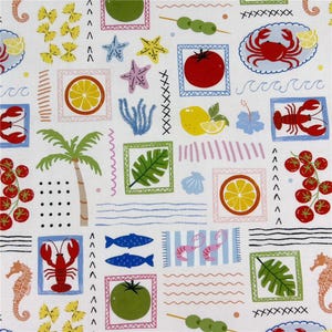 Lobster Crab Lemon Tomato, Nautical Tropical Beach Design cotton fabric Patchwork Sewing Quilting diy, Handbag fabric 57Inch x 1/2 Yard