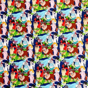 May include: A blue fabric with a repeating pattern of cartoon characters. The characters include a dog, a crocodile, a fairy, a pirate, and a man in a striped shirt. The fabric is perfect for crafting projects like quilts, pillows, and bags.